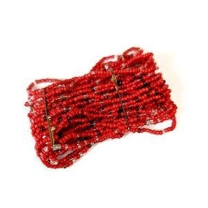 Vintage Costume Jewelry Red Black Bead Tribal Bracelet 18 Strands Stretch
